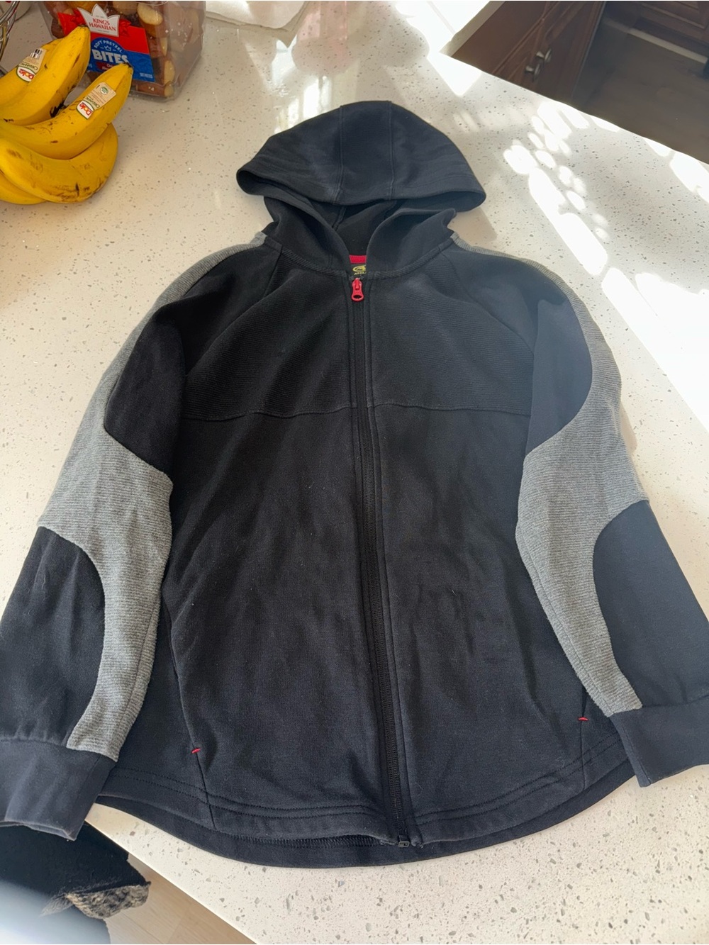 Kids Black Hooded Zip Fleece Jacket with Gray Sleeve Panels